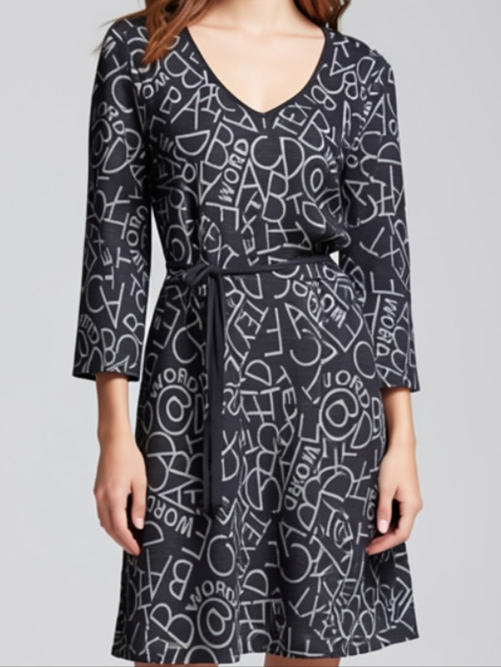V-Neck Graphic Print Belted Midi Dress - 3/4 sleeves - Black/Gray